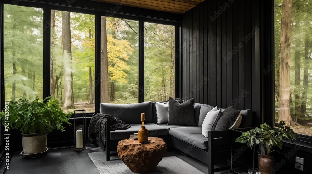 Sunroom with matte black stained cedar walls and black metal trim. Sunroom with matte black stained cedar walls and black metal trim.