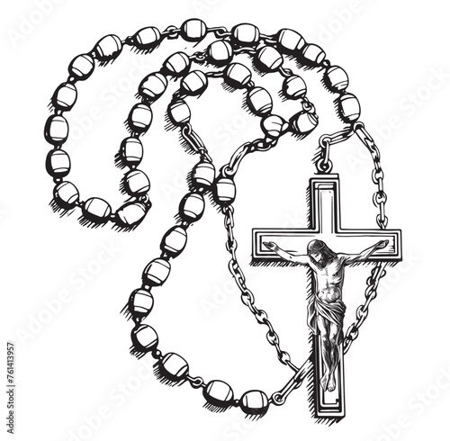 Rosary with cross religion hand drawn sketch Vector illustration.