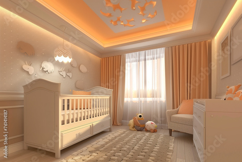 Cozy nursery room with crib, plush toys, and warm tones