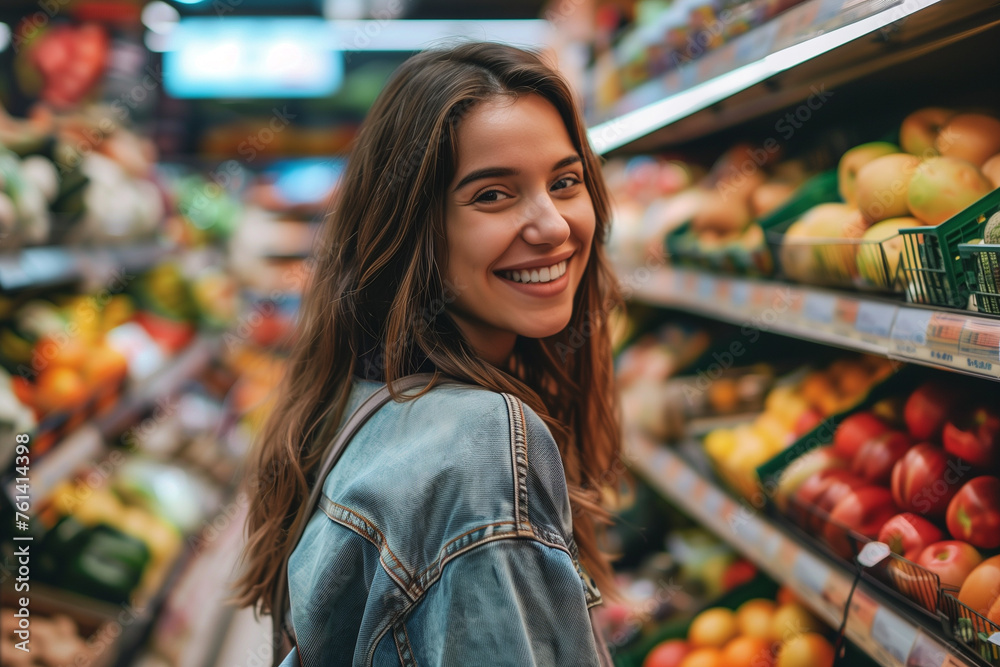 Young woman smiling while grocery shopping in supermarket produce section.