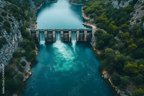 Overhead view of hydroelectric dam harnessing sustainable energy from flowing river. Concept Hydroelectric Power, Sustainable Energy, Dam Construction, Flowing River, Overhead View