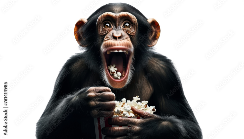 funny monkey with expectant face eating popcorn isolated on white background. Interested chimpanzee eating popping popcorn in his mouth with amazed face. - obrazy, fototapety, plakaty 