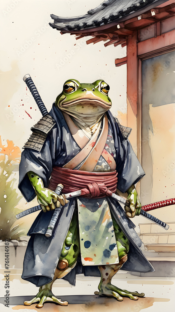 A frog dressed in a samurai costume holds a sword.