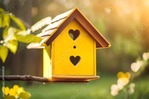 Yellow bird house with the heart shaped entrance on spring background