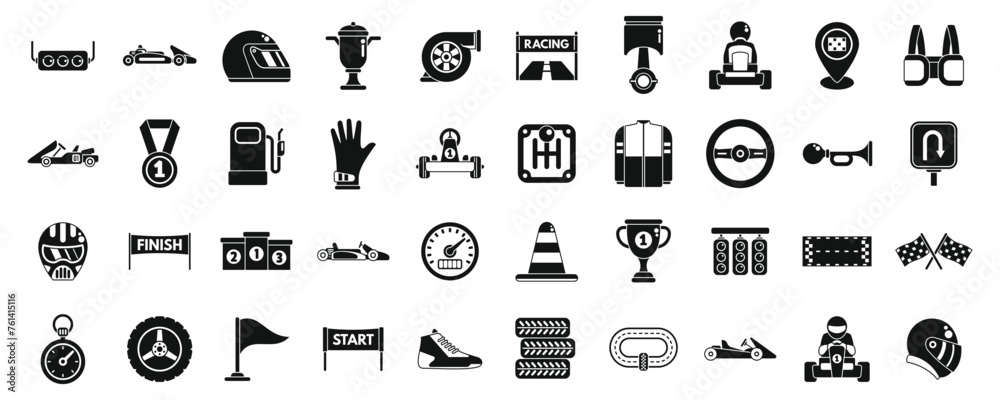 Kart racing icons set simple vector. Car sport road. Flag race driver speed Kart racing icons set simple vector. Car sport road. Flag race driver speed