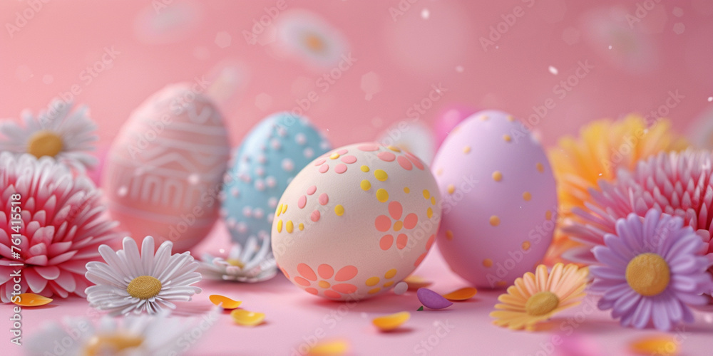 pink background with easter eggs and flowers easter background