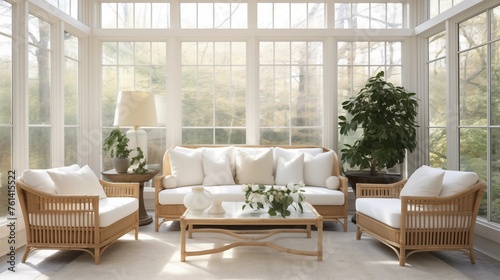 Sunroom with minimalist rattan furniture and plush white cushions.
