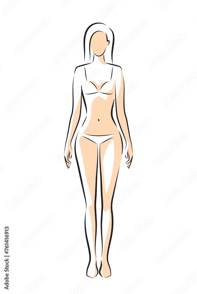 Woman body. Full-length girl standing portrait. Set of body-positive female. Different posing figures.  Fashion silhouette outline line illustration
