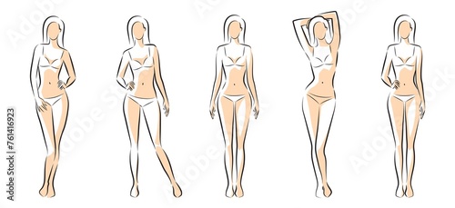 Woman body. Full-length girl standing portrait. Set of body-positive female. Different posing figures. Fashion silhouette outline line illustration