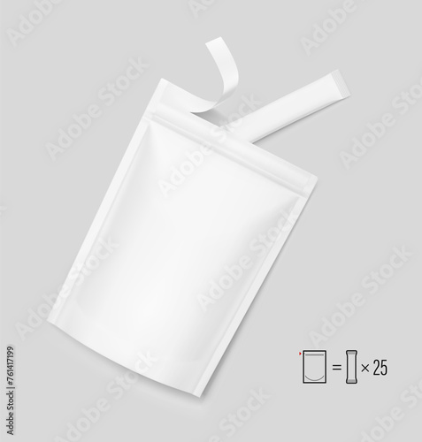 Realistic torn stand up pouch bag  with stick mockup set. Vector illustration isolated on grey background. Can be use for template your design, presentation. EPS10.