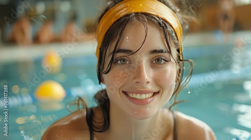 Woman in a Swimming Pool Wearing a Yellow Hat