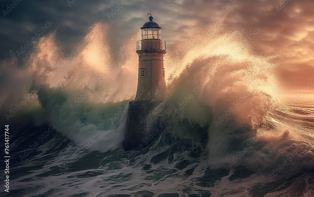 The lighthouse was hit by the waves