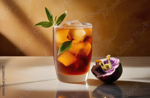Ice tea with passionflower, set on sleek marble table, dramatic hard lighting. essence of tropical vacation, taste of paradise. Ideal for travel brochures, cocktail menus, social media posts