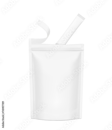 Realistic torn stand up pouch bag  with stick mockup set. Vector illustration isolated on white background. Can be use for template your design, presentation. EPS10.