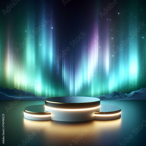 Photoreal 3D with Glowing Podium with a blurred or bokeh background of Aurora Borealis 