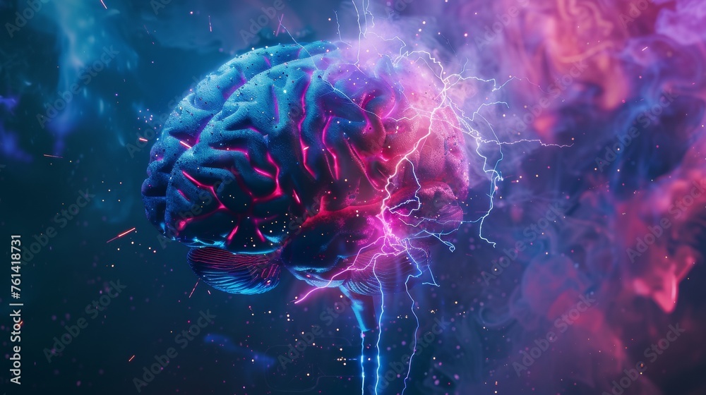 Surreal Brain and Lightning - obrazy, fototapety, plakaty 