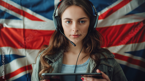 Beautiful woman with headset on the background of the British flag with a gray tablet