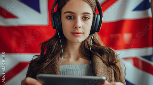 Beautiful woman with headphones on the background of the British flag with a gray tablet