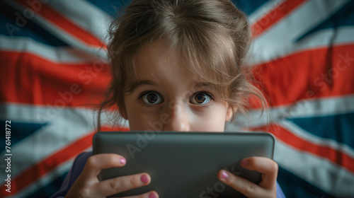 Girl's face on the background of the British flag with a gray tablet