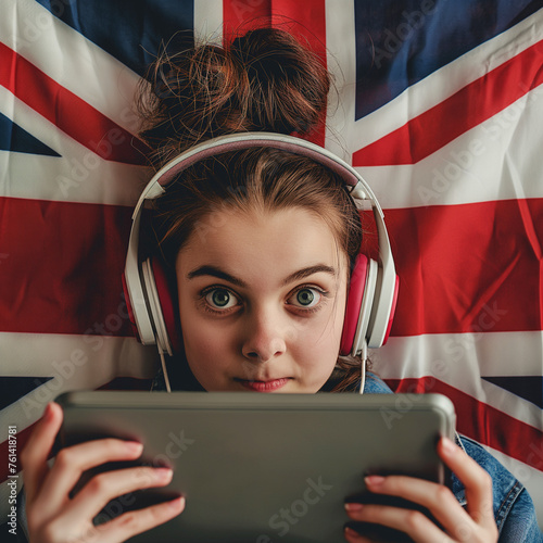 Girl with headphones on the background of the British flag with a gray tablet