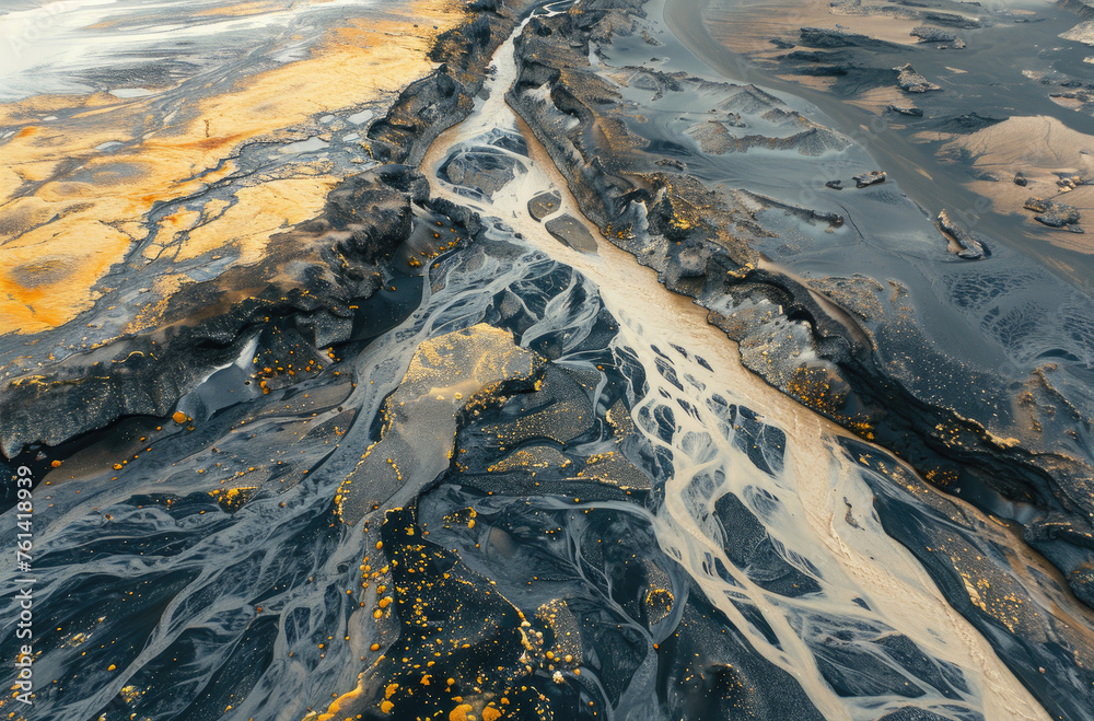 Aerial view of Iceland's unique landscape, with rivers and mountains in the background
