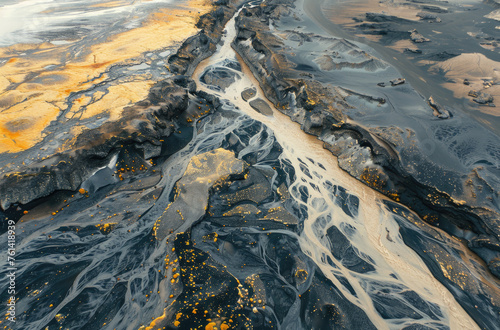 Aerial view of Iceland's unique landscape, with rivers and mountains in the background