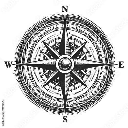 Wind rose Nautical Compass map sketch engraving generative ai fictional character raster illustration. Scratch board imitation. Black and white image.