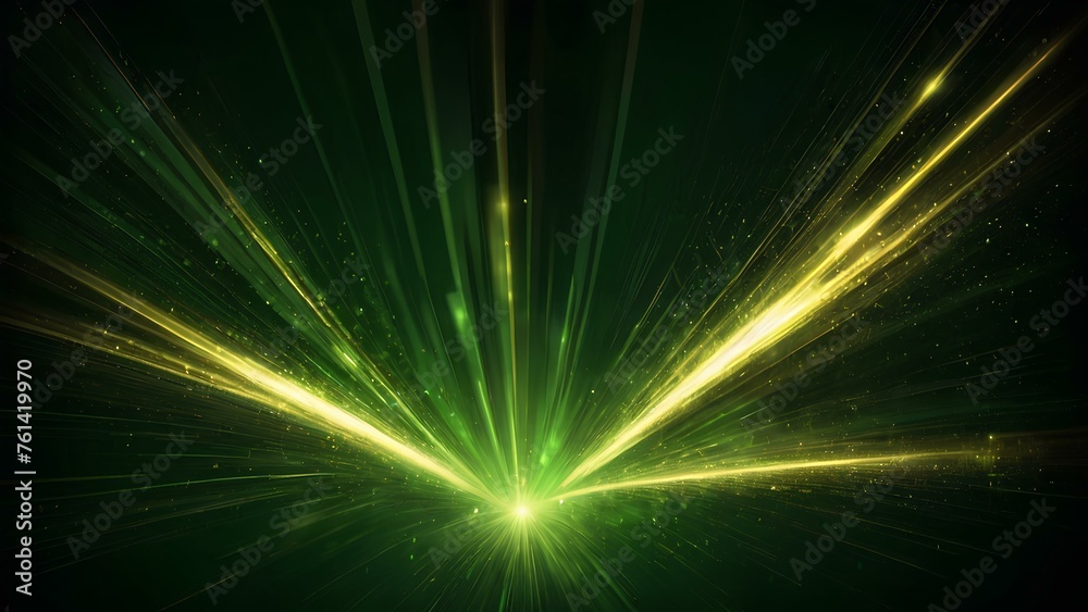 Naklejka premium Asymmetric green light burst abstract beautiful rays of lights on dark green background 