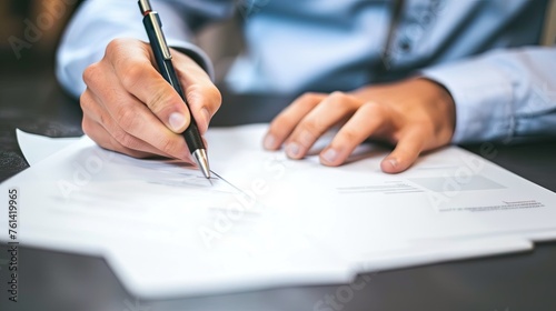 businessman signing a contract. The hands of a man with a pen are writing. Close-up.