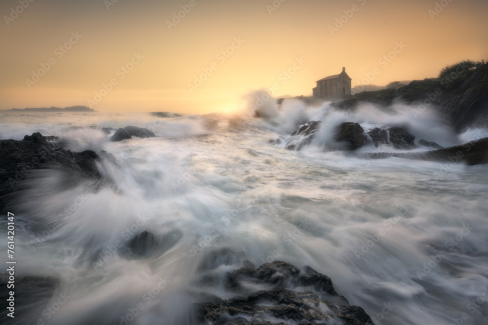 Strong waves in the Cantabrian Sea on a warm dawn in front of the Santa Katalina hermitage in Mundaka