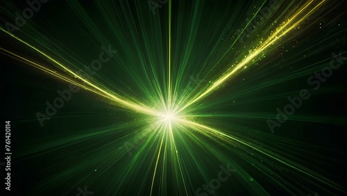 Asymmetric green light burst abstract beautiful rays of lights on dark green background 