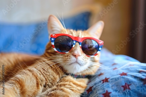 Funny red cat wearing sunglasses with american flag lying on a sofa at home.