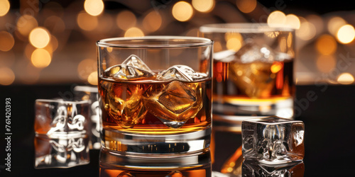 A sophisticated composition featuring two glasses of neat whiskey with ice, set against a backdrop of festive bokeh lights.