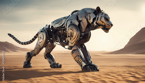 tiger Animal robot walking through desert. A futuristic landscape with a silhouetted city on the horizon