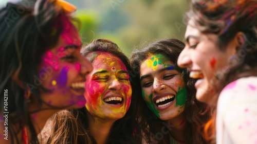 Colorful group of women laughing and having fun with paint on their faces. Fictional character created by Generated AI. 
