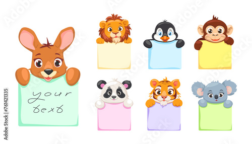 Set of cute cartoon sticker wild animals with blank banners for notes. Lion, penguin, monkey, panda, tiger, kangaroo, koala.