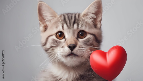 Funny portrait cute puppy cat holding red heart in mouth isolated on white background, close up.
