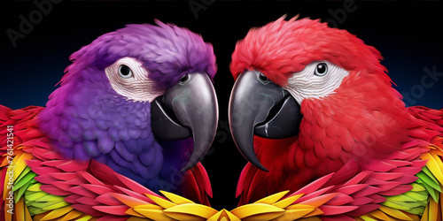 Two vividly colored parrots facing each other with dark background