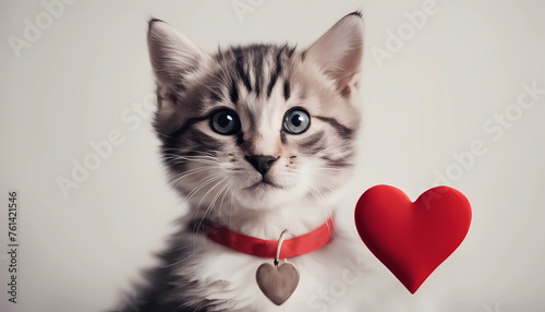 Funny portrait cute puppy cat holding red heart in mouth isolated on white background, close up.