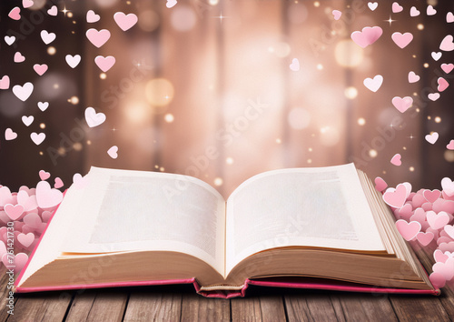 Pink hearts and an open book on a wooden table with a blurred background in the art style of surrealism.