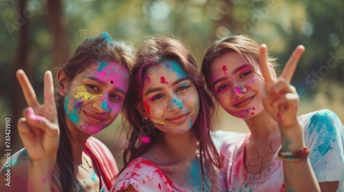 Three women having fun with colorful paint on their faces. Fictional character created by Generated AI. 