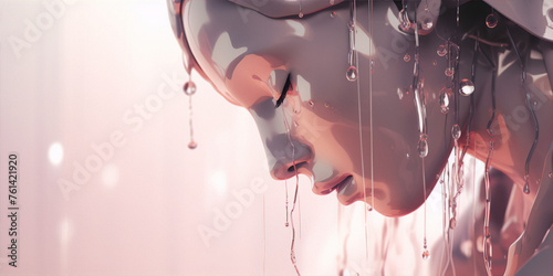 3D rendering of a woman's face made of metal with water drops on a pink background.