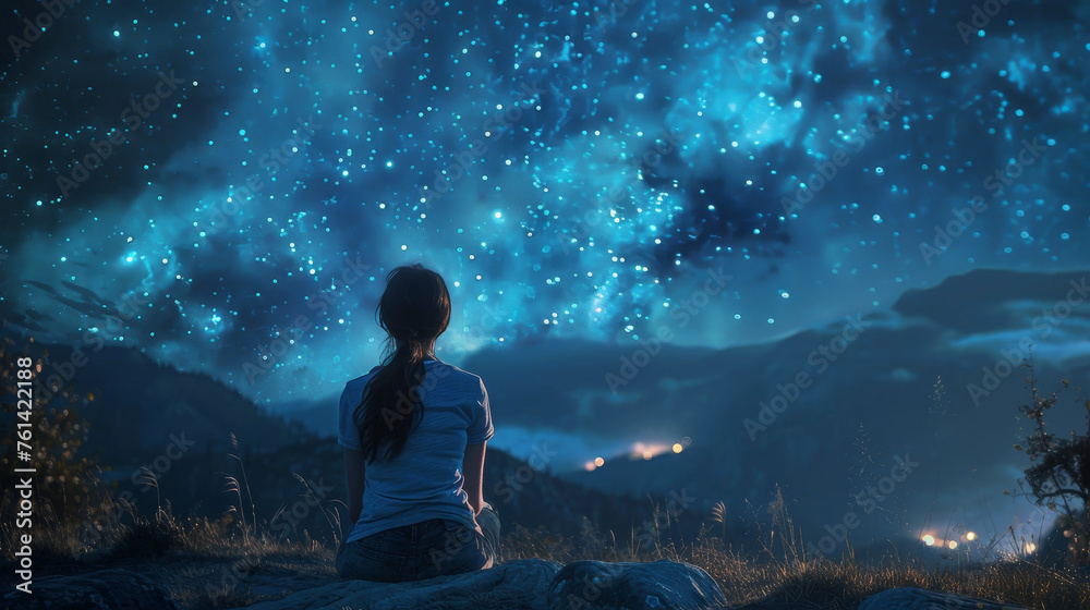 A woman in contemplation under a starry night sky surrounded by nature's beauty