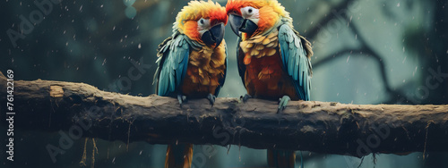 Two parrots with blue, green and orange feathers sitting on a branch in the rain.