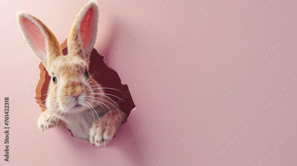Adorable Easter bunny peeking from a hole against a pink background - obrazy, fototapety, plakaty 