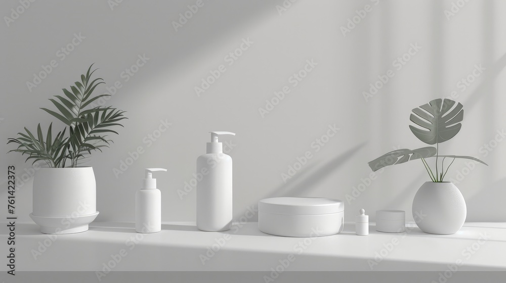 cosmetic product display podium with tropical plant in white room. Clear plastic container for cream, gel, lotion, lotion, shampoo, shower gel, foundation, cream or lotion cosmetic product display podium with tropical plant in white room. Clear plastic container for cream, gel, lotion, lotion, shampoo, shower gel, foundation, cream or lotion