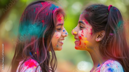 Colorful faces of two young girls, playful and bright. Fictional character created by Generated AI.  © shelbys