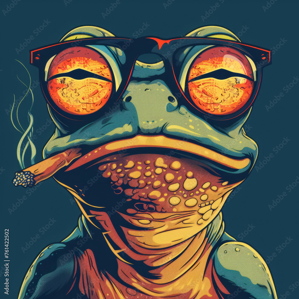 Stylish cartoon frog with sunglasses and a blunt, vector illustration - obrazy, fototapety, plakaty 