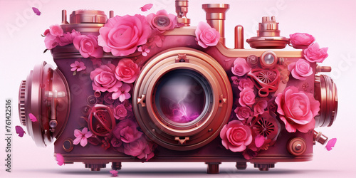 Pink steampunk camera decorated with roses and butterflies on a pink background.