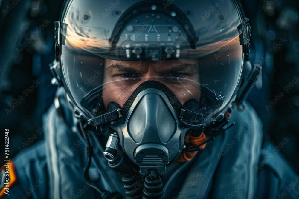 Close-up portrait of a focused search and rescue pilot in full flight suit - obrazy, fototapety, plakaty 